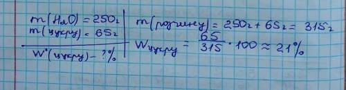 У воді масою 250 г розчинили 65 г цукру. Яка масова частка розчиненої речовини в отриманому розчині?