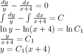 \frac{dy}{y} - \frac{dx}{x+4}=0\\\int {\frac{dy}{y}} -\int {\frac{dx}{x+4}} =C\\\ln y - \ln (x+4) = \ln C_1\\\frac{y}{x+4} = C_1\\y=C_1 (x+4)