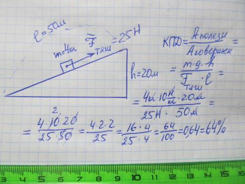 по похилій площині довжиною 50м підіймають тіло массою 4 кг,прикладуючи силу 0,025кН який ККД похило