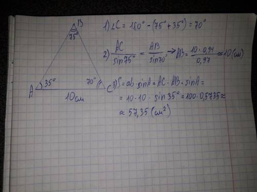 Визнач площу трикутника ABC, якщо AC = 10 см, ∠A=35°, ∠B=75°. (Відповідь та всі наближені значення ф