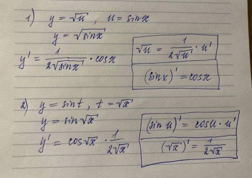 Производная сложной функции 1)y=√u, u=sin x 2)y=sint, t=√x