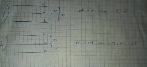 Расстояние между параллельными прямыми m и n равно 10, а между прямыми m и l равно 13. Найдите расст