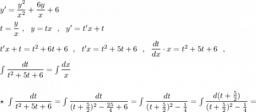 y'=\dfrac{y^2}{x^2}+\dfrac{6y}{x}+6\\\\t=\dfrac{y}{x}\ ,\ \ y=tx\ \ ,\ \ y'=t'x+t\\\\t'x+t=t^2+6t+6\ \ ,\ \ t'x=t^2+5t+6\ \ ,\ \ \dfrac{dt}{dx}\cdot x=t^2+5t+6\ \ ,\\\\\int \dfrac{dt}{t^2+5t+6}=\int \dfrac{dx}{x}\\\\\\\star \ \int \dfrac{dt}{t^2+5t+6}=\int \dfrac{dt}{(t+\frac{5}{2})^2-\frac{25}{4}+6}=\int \dfrac{dt}{(t+\frac{5}{2})^2-\frac{1}{4}}=\int \dfrac{d(t+\frac{5}{2})}{(t+\frac{5}{2})^2-\frac{1}{4}}=