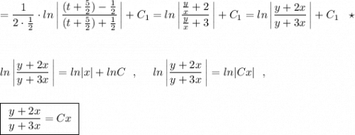 =\dfrac{1}{2\cdot \frac{1}{2}}\cdot ln\left|\, \dfrac{(t+\frac{5}{2})-\frac{1}{2}}{(t+\frac{5}{2})+\frac{1}{2}}\, \right|+C_1=ln\left|\dfrac{\frac{y}{x}+2}{\frac{y}{x}+3}\, \right|+C_1=ln\left|\dfrac{y+2x}{y+3x}\, \right|+C_1\ \ \star \\\\\\\\ln\left|\dfrac{y+2x}{y+3x}\, \right|=ln|x|+lnC\ \ ,\ \ \ \ ln\left|\dfrac{y+2x}{y+3x}\, \right|=ln|Cx|\ \ ,\\\\\\\boxed{\ \dfrac{y+2x}{y+3x}=Cx\ }