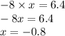 - 8 \times x = 6.4 \\ - 8x = 6.4 \\ x = - 0.8