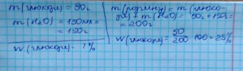 Яка масова частка (%) глюкози в розчині, для приготування якого використали глюкозу масою 50 г і вод