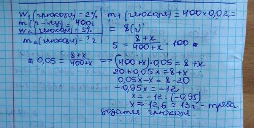 Яку масу глюкози треба додати до 400г 2% розчину, щоб одержати 5% розчин