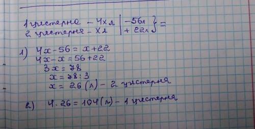 В одній цистерні було в 4 рази більше води, ніж у другій.Коли з першої цистерни вилили 56 л води, а