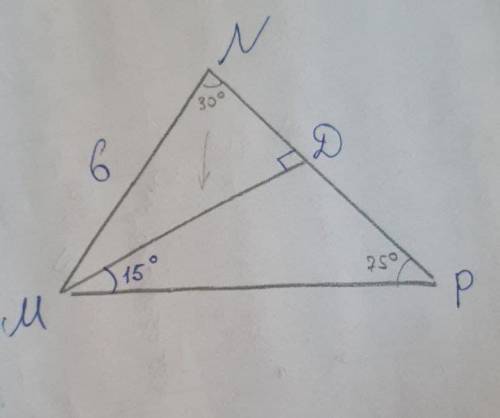 У трикутнику MNP MN =NP =6см.Знайдіть довжину висоти MD якп утворює з основою MP кут, який дорівнює