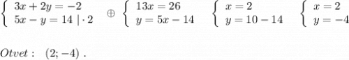 \left\{\begin{array}{l}3x+2y=-2\\5x-y=14\ |\cdot 2\end{array}\right\ \oplus \ \left\{\begin{array}{l}13x=26\\y=5x-14\end{array}\right\ \ \left\{\begin{array}{l}x=2\\y=10-14\end{array}\right\ \ \left\{\begin{array}{l}x=2\\y=-4\end{array}\right\\\\\\Otvet:\ \ (2;-4)\ .