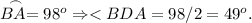 \buildrel\,\,\frown\over{BA} = 98^o \Rightarrow