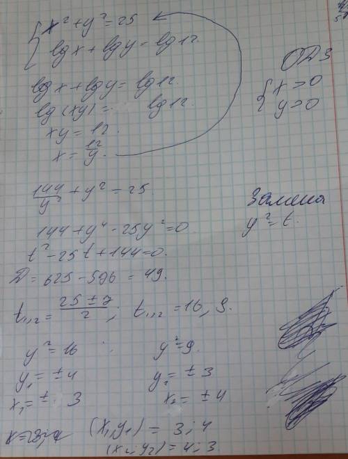 решить систему уравнений , сдаю экзамен x^2 +y^2=25 lgx+lgy=lg12​