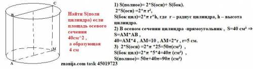 Найти sполн цилиндра площадь осевого сечения которого 40см^2 а образующая 4см