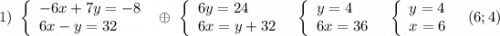 1)\ \left\{\begin{array}{l}-6x+7y=-8\\6x-y=32\end{array}\right\ \oplus \ \left\{\begin{array}{l}6y=24\\6x=y+32\end{array}\right\ \ \left\{\begin{array}{l}y=4\\6x=36\end{array}\right\ \ \left\{\begin{array}{l}y=4\\x=6\end{array}\right\ \ (6;4)