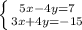 \left \{ {{5x-4y=7} \atop {3x+4y=-15}} \right.