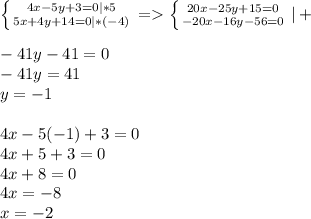 \left \{ {{4x-5y+3=0|*5} \atop {5x+4y+14=0|*(-4)}} \right.=\left \{ {{20x-25y+15=0} \atop {-20x-16y-56=0}} \right.|+\\\\-41y-41=0\\-41y=41\\y=-1\\\\4x-5(-1)+3=0\\4x+5+3=0\\4x+8=0\\4x=-8\\x=-2