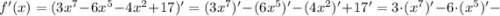 f'(x)=(3x^{7}-6x^{5}-4x^{2}+17)'=(3x^{7})'-(6x^{5})'-(4x^{2})'+17'=3 \cdot (x^{7})'-6 \cdot (x^{5})'-