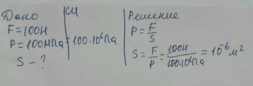 Визначте площу вістря цвяха, якщо при дії на нього силою 100 Н створюється тиск 100 МПа​