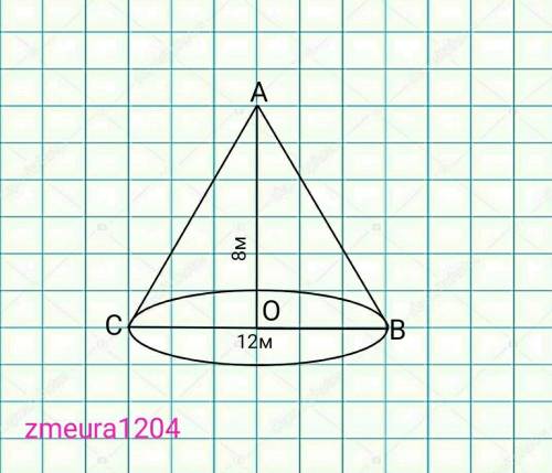 Высота конуса 8 м, диаметр 12 м. Найдите боковую и полную поверхность конуса.