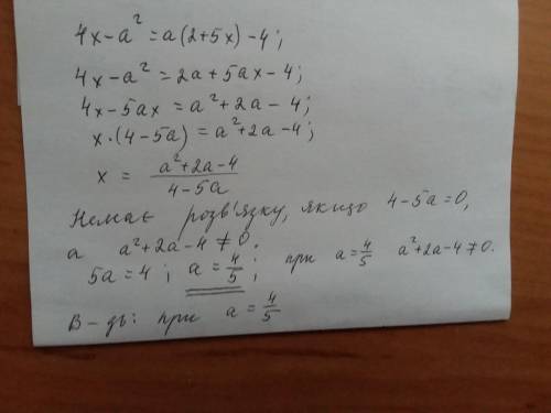 Знайти, при яких значеннях параметра а рівняння 4x - a ^ 2 = a(2 + 5x) - 4 не має розв'язку​