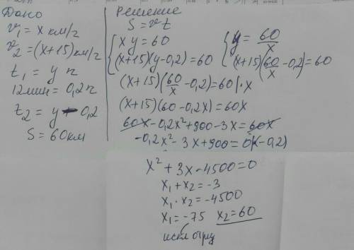 скорость второго поезда на 15 км/час больше скорости первого поезда.Чтобы преодолеть расстояние 60км