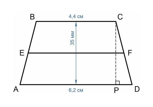 Начерти равнобедреннуно трапецию, основания которой равны 4,4 сми 6,2 см, а расстояние между ними ра