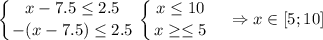 \displaystyle \left \{ {{x-7.5\leq 2.5} \atop {-(x-7.5)\leq 2.5}} \right. \left \{ {{x\leq 10} \atop {x\geq \leq 5}} \right. \quad \Rightarrow x \in [5;10]