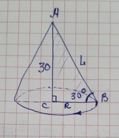 Прямоугольный треугольник с острым углом 30 вращается вокруг катета длинной 30см. Найти площадь его