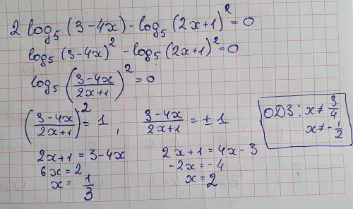 2log _ 5 (3-4x)- log _5 (2x+1) ^2 =0