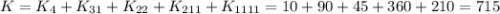 K=K_4+K_{31}+K_{22}+K_{211}+K_{1111}=10+90+45+360+210=715