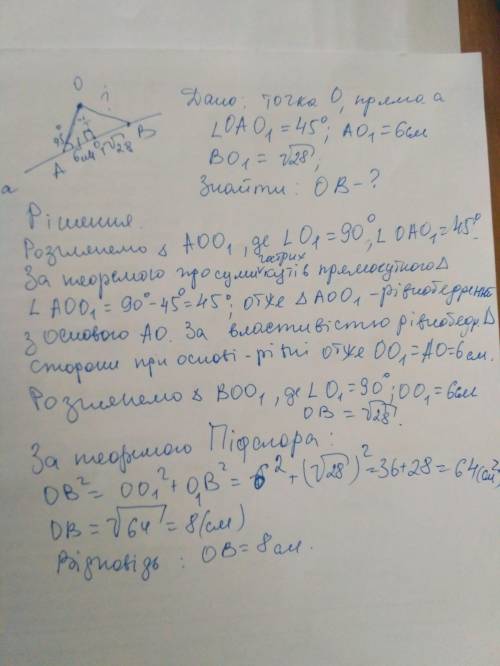 з точки роза прямою проведено дві похилі. перша утворює з прямою кут 45°, а її проекція дорівнює 6 с