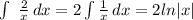 \int\ {\frac{2}{x}} \, dx =2\int {\frac{1}{x}} \, dx =2ln|x|