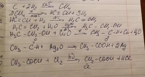 С →СН4→С2Н2→С2Н4→ С2Н5ОН → СН3-СОН → СН3СООН →ClСН2СООН . К любой схеме необходимо составить уравнен