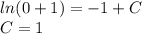 ln(0 + 1) = - 1 + C \\ C = 1