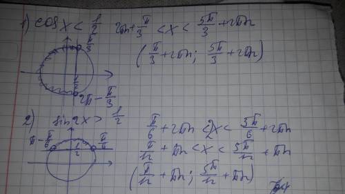 РЕШИТЬ 1) cos x < 1/2; 2) sin 2x>1/2.