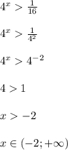 4^x\frac{1}{16}\\\\4^x\frac{1}{4^2} \\\\4^x4^{-2}\\\\41\\\\x-2\\\\x\in(-2;+\infty)