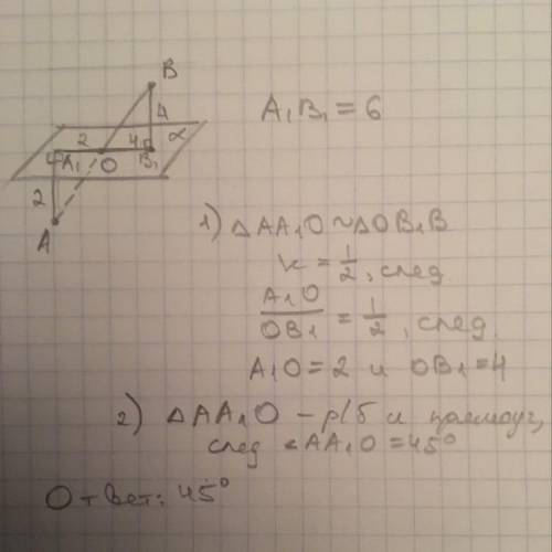 Отрезок АВ пересекает плоскость α. Его концы отстают от плоскости на расстоянии 2 и 4 см. Найти угол