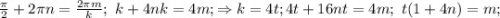 \frac{\pi}{2}+2\pi n=\frac{2\pi m}{k};\ k+4nk=4m;\Rightarrow k=4t; 4t+16nt=4m;\ t(1+4n)=m;