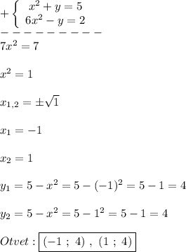 +\left\{\begin{array}{ccc}x^{2}+y=5 \\6x^{2}-y=2 \end{array}\right\\ ---------\\7x^{2}=7\\\\x^{2} =1\\\\x_{1,2}=\pm\sqrt{1} \\\\x_{1} =-1\\\\x_{2}=1\\\\y_{1} =5-x^{2} =5-(-1)^{2}=5-1=4\\\\y_{2}=5-x^{2} =5-1^{2}=5-1=4\\\\Otvet:\boxed{(-1 \ ; \ 4) \ , \ (1 \ ; \ 4)}