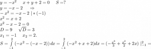 y=-x^2\ \ \ \ x+y+2=0\ \ \ \ S=?\\y=-x-2\ \ \ \ \Rightarrow\\-x^2=-x-2\ |*(-1)\\x^2=x+2\\x^2-x-2=0\\D=9\ \ \ \ \sqrt{D}=3\\x_1=-1 \ \ \ \ x_2=2.\\S=\int\limits^2_{-1} {(-x^2-(-x-2))} \, dx=\int\limits^2_{-1} {(-x^2+x+2) dx=(-\frac{x^3}{3}+\frac{x^2}{2}+2x)\ |_{-1}^2=\\