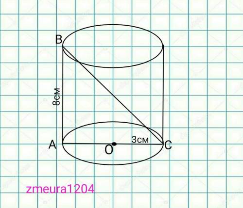 Радиус основания цилиндра равен 3 см, образующая 8 см. Найдите диагональ осевого сечения:
