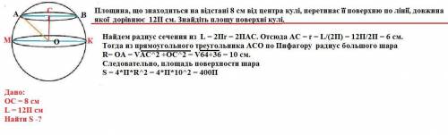 Площина, що знаходиться на відстані 8 см від центра кулі, перетинає її поверхню по лінії, довжина як