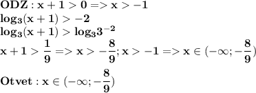 \displaystyle\bf ODZ: x+10 = x-1\\log_3(x+1)-2 \\log_3(x+1) log_33^{-2}\\x+1\frac{1}{9} = x-\frac{8}{9} ; x-1 = x\in(-\infty;-\frac{8}{9} ) \\\\Otvet:x\in(-\infty;-\frac{8}{9} )