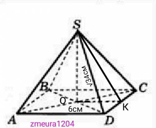 Стороны основания правильной четырёхугольной пирамиды равны 6, боковые рёбра равны √34. Найдите площ