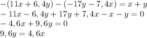 -(11x + 6,4y)-(-17y-7,4x) = x + y\\-11x - 6,4y + 17y + 7,4x - x - y = 0\\-4,6x + 9,6y = 0\\9,6y = 4,6x