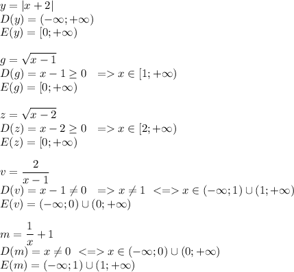 \displaystyle y = |x+2|\\ D(y) = (-\infty;+\infty)\\E(y) = [0;+\infty)\\\\g=\sqrt{x-1}\\ D(g) = x-1\geq 0 ~~=x\in[1;+\infty)\\E(g) = [0;+\infty)\\\\z=\sqrt{x-2}\\ D(z) = x-2\geq 0 ~~=x\in[2;+\infty)\\E(z) = [0;+\infty)\\\\v=\frac{2}{x-1}\\ D(v) = x-1\neq 0~~=x\neq 1 ~x\in(-\infty;1)\cup(1;+\infty)\\E(v) = (-\infty;0)\cup(0;+\infty)\\\\m=\frac{1}{x}+1\\D(m) = x\neq 0 ~ x\in(-\infty;0)\cup(0;+\infty)\\E(m)=(-\infty;1)\cup(1;+\infty)