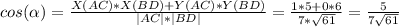 cos (\alpha) =\frac{X(AC)*X(BD) + Y(AC)*Y(BD)}{|AC|*|BD|} =\frac{1*5+0*6}{7*\sqrt{61} } =\frac{5}{7\sqrt{61} }