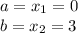 a = x_{1} = 0 \\b = x_{2} = 3