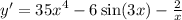 y' = {35x}^{4} - 6 \sin(3x) - \frac{2}{x}