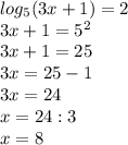 log_{5}(3x+1) =2\\3x + 1 = 5^{2}\\3x + 1 = 25\\3x = 25 -1\\3x = 24\\x = 24 : 3\\x = 8